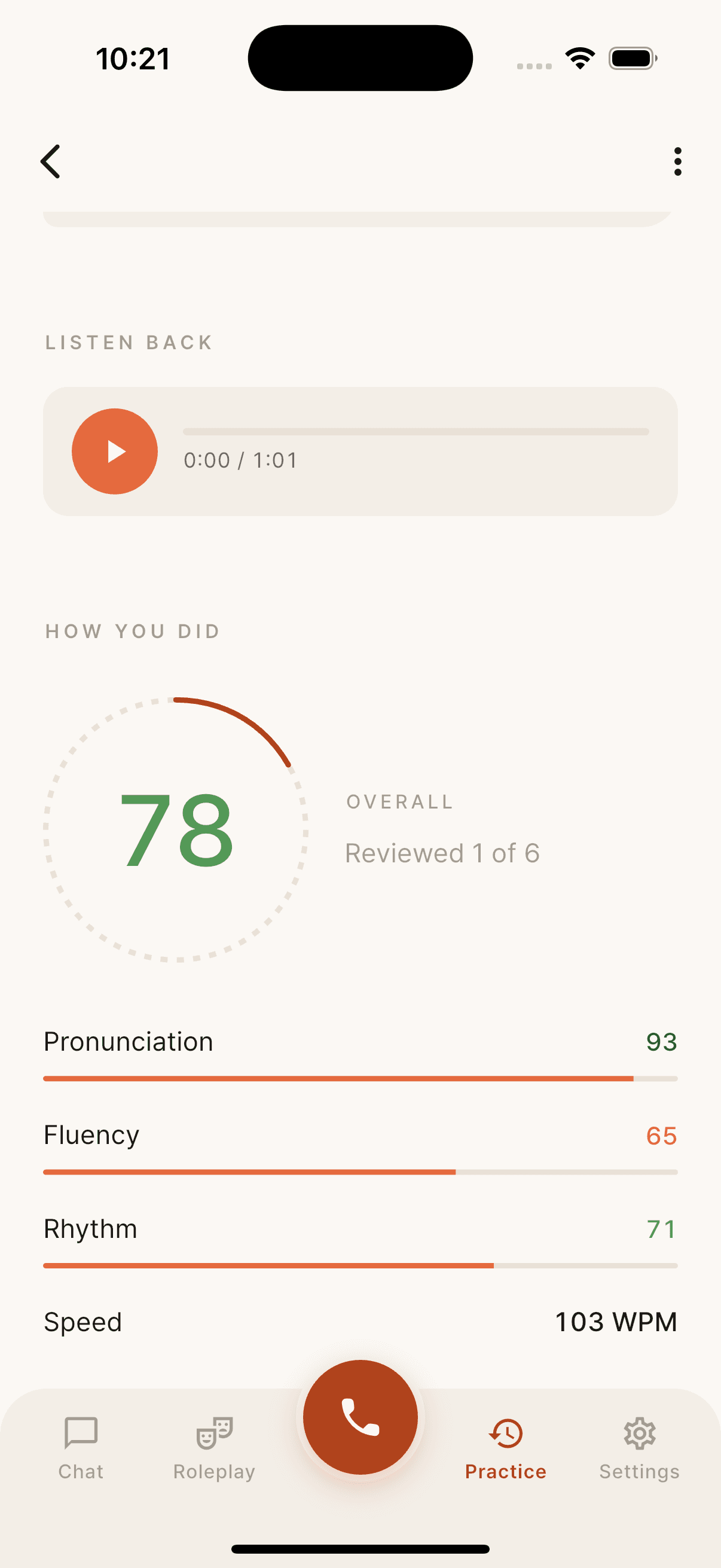 Sudamate call review with pronunciation, fluency, rhythm, and speaking speed scores